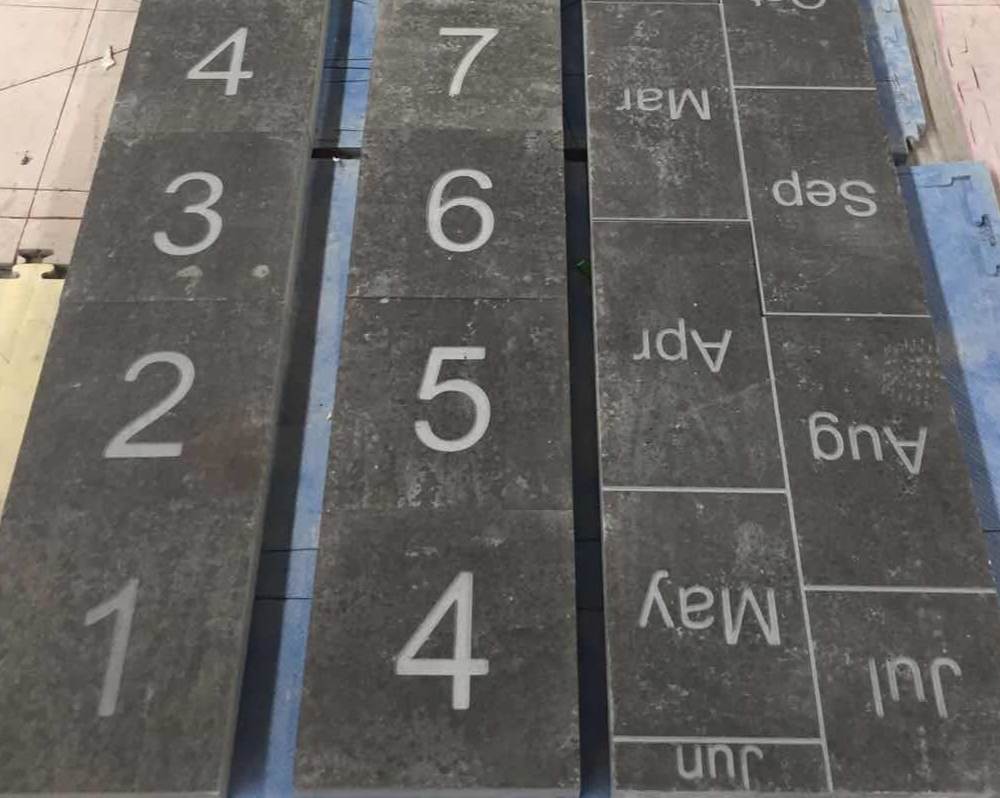 Mongolia Black basalt pavers engraved with numbers and month names for a sundial plaza