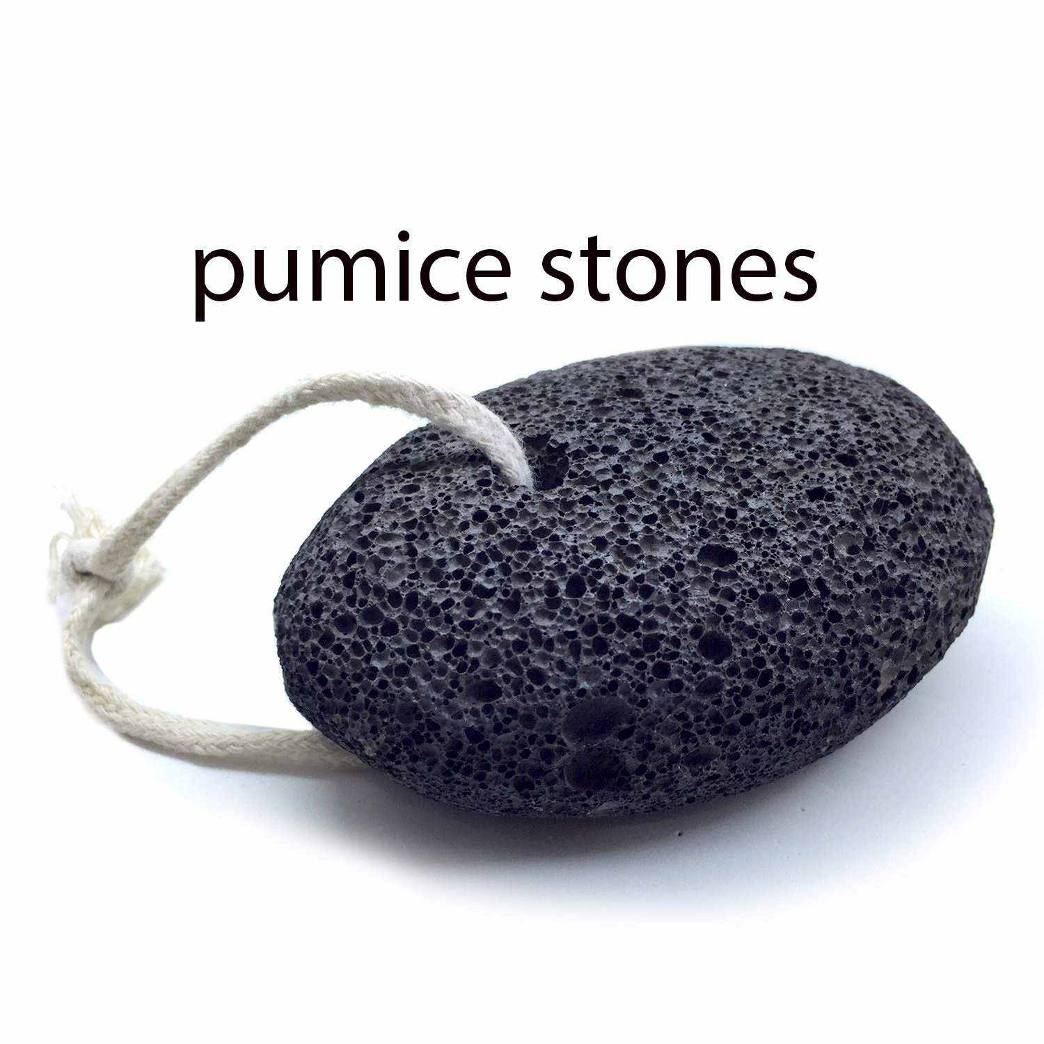 Black volcanic pumice foot stone on a cotton rope loop, about 5 to 8 cm across