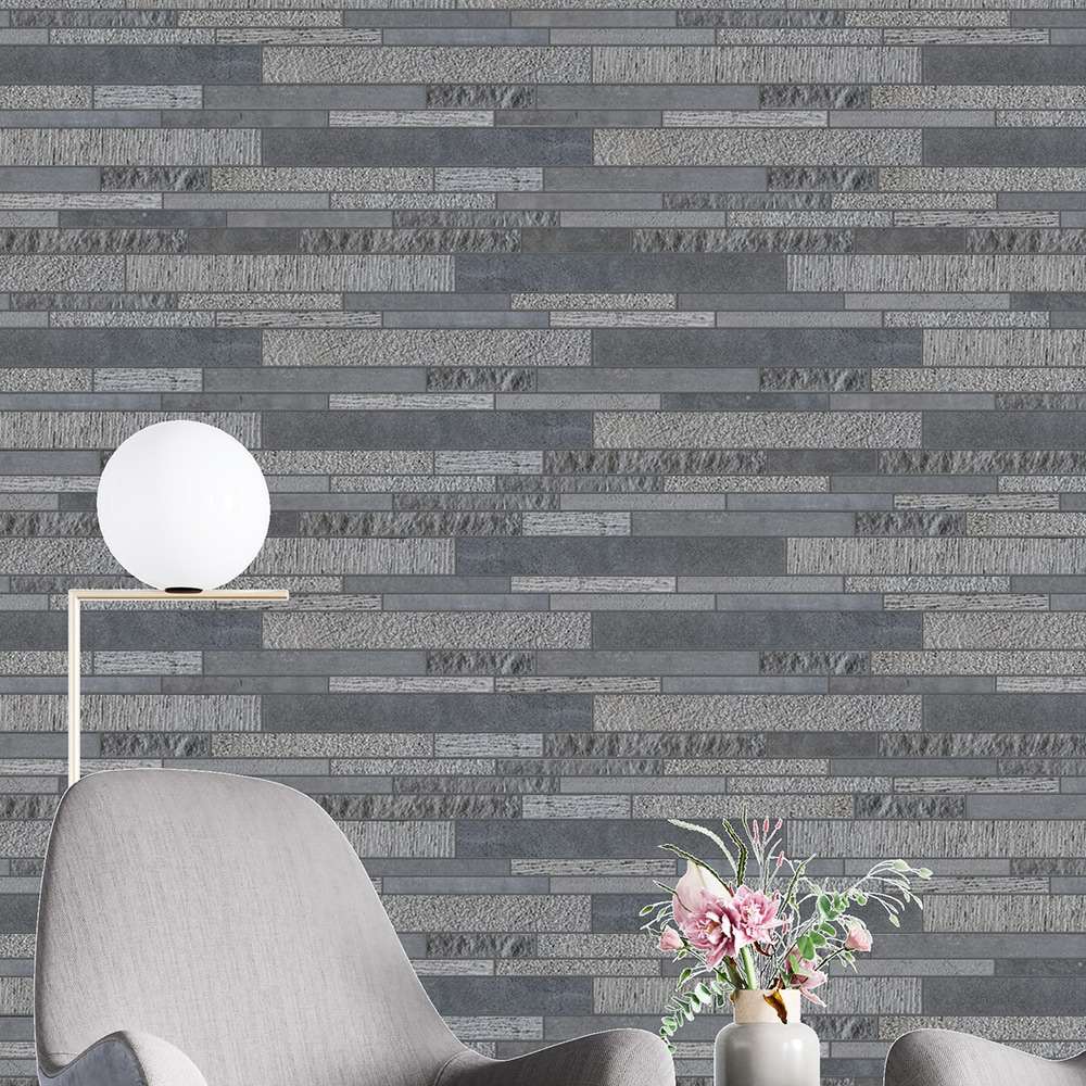 Linear black basalt strip mosaic on a living room feature wall