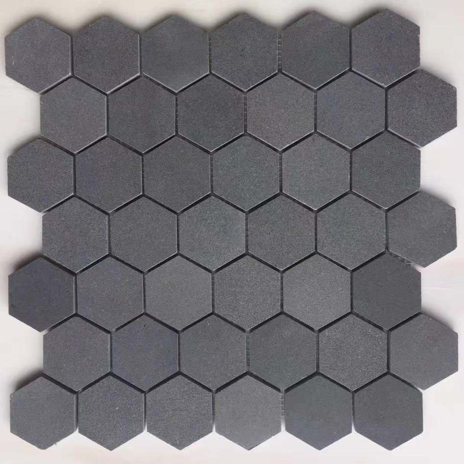 Honed black basalt hexagon mosaic tile sheet