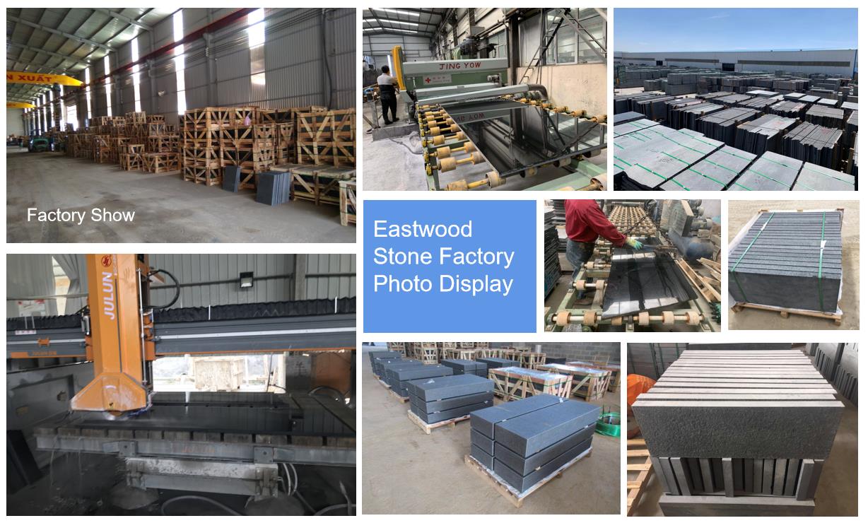 Eastwood Stone Factory Eastwood Stone factory with cutting lines, finished basalt tiles and crated orders